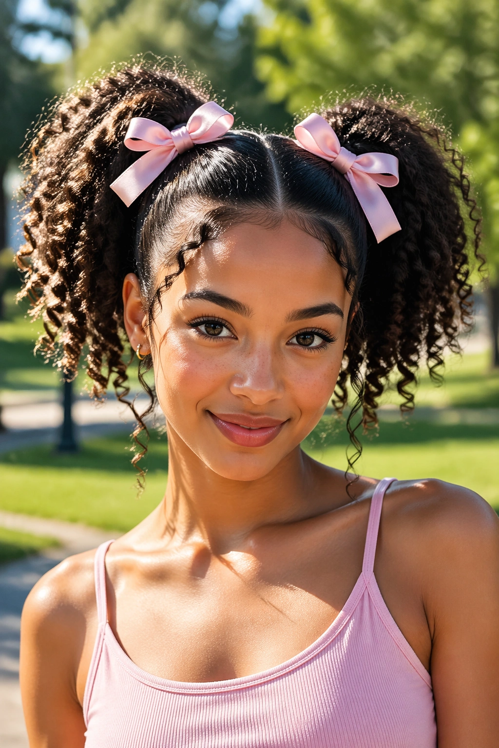 Close-up of twin curly ponytails with matching bows on a real woman