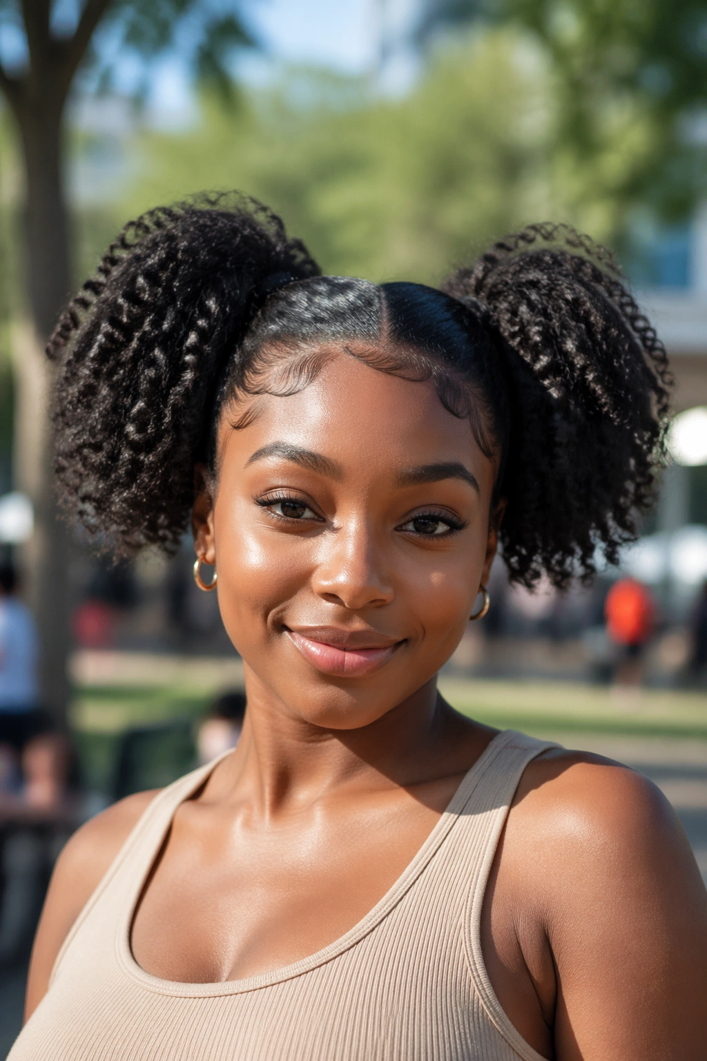 Close-up portrait of a real woman with twin drawstring ponytails