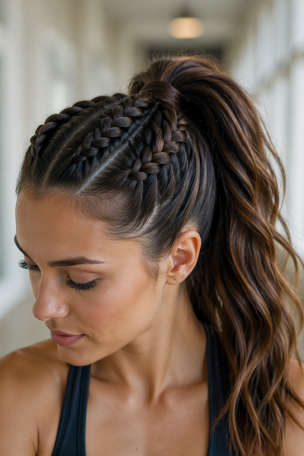 Close-up of twin Dutch braids merging into a high ponytail on a real woman