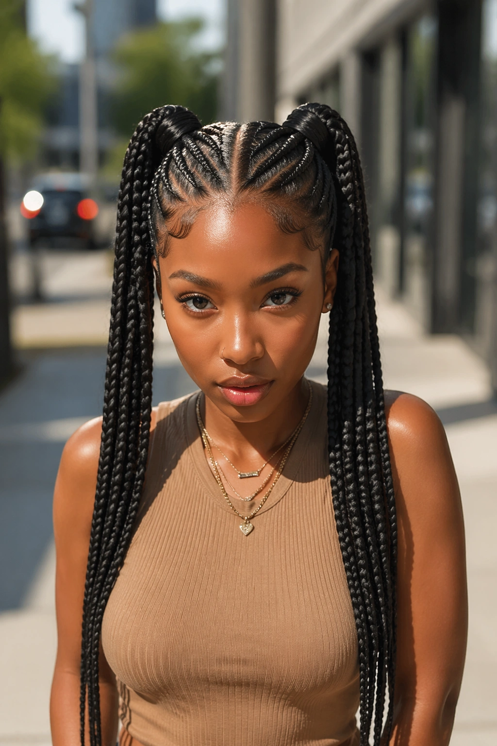 Portrait of a real woman with two symmetrical feed-in ponytails and even height