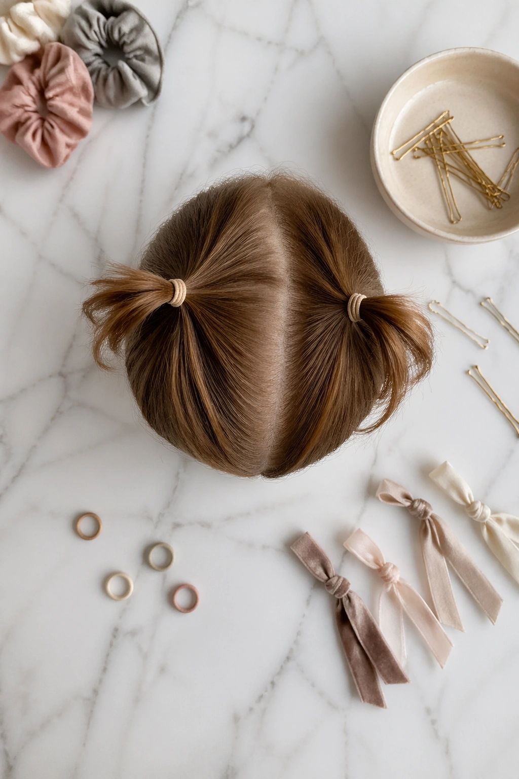 Overhead flat-lay of twin mini ponytails with accessories.