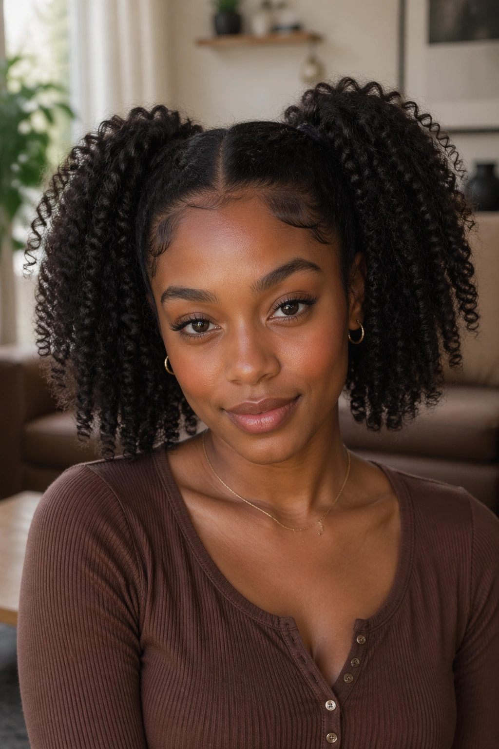 Front portrait of a real woman with two symmetrical twin ponytails on 3C curls