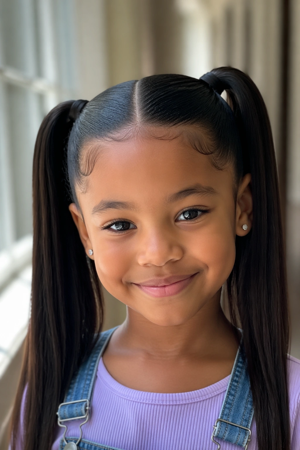 Close-up of a real child with two symmetrical sleek ponytails and a center part
