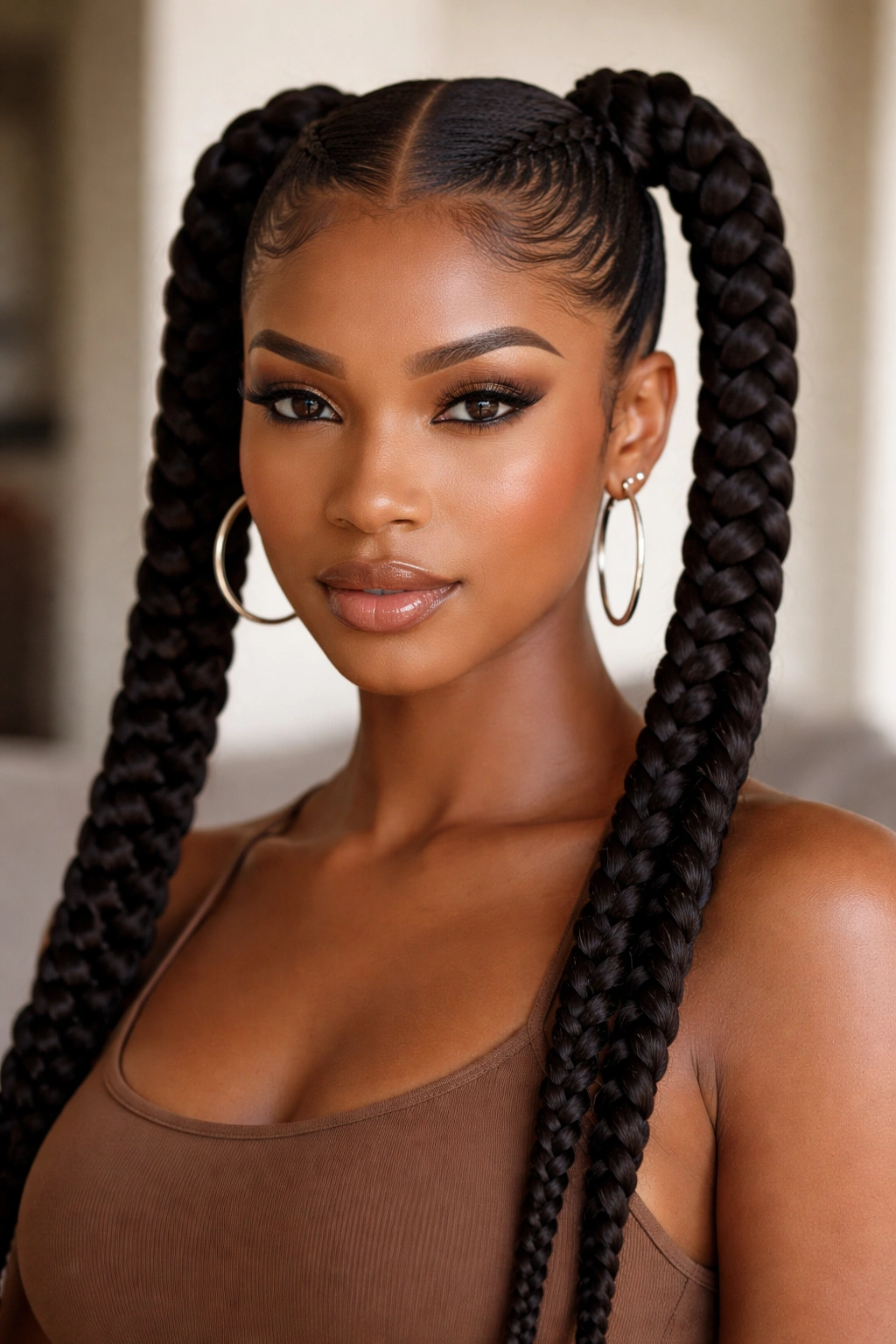 Symmetrical twin feed-in ponytails with a clean part