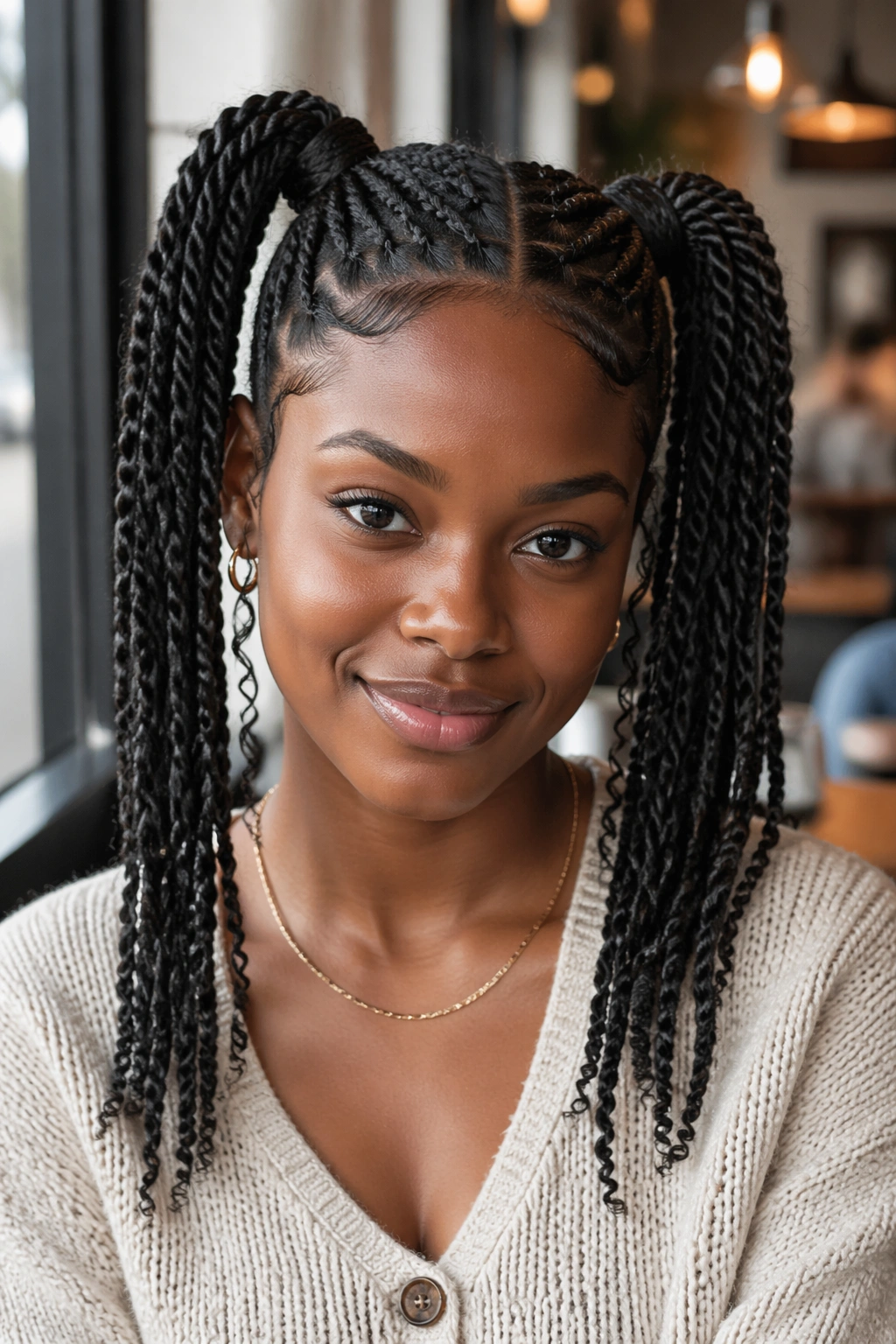 Close-up of twin twist braided ponytails with a split-part on a real person