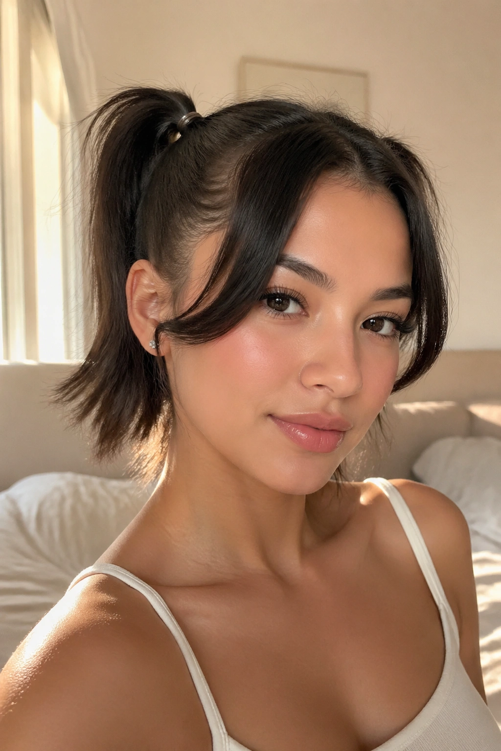 Close-up of a real woman with twin mini double swoop ponytails framing her face
