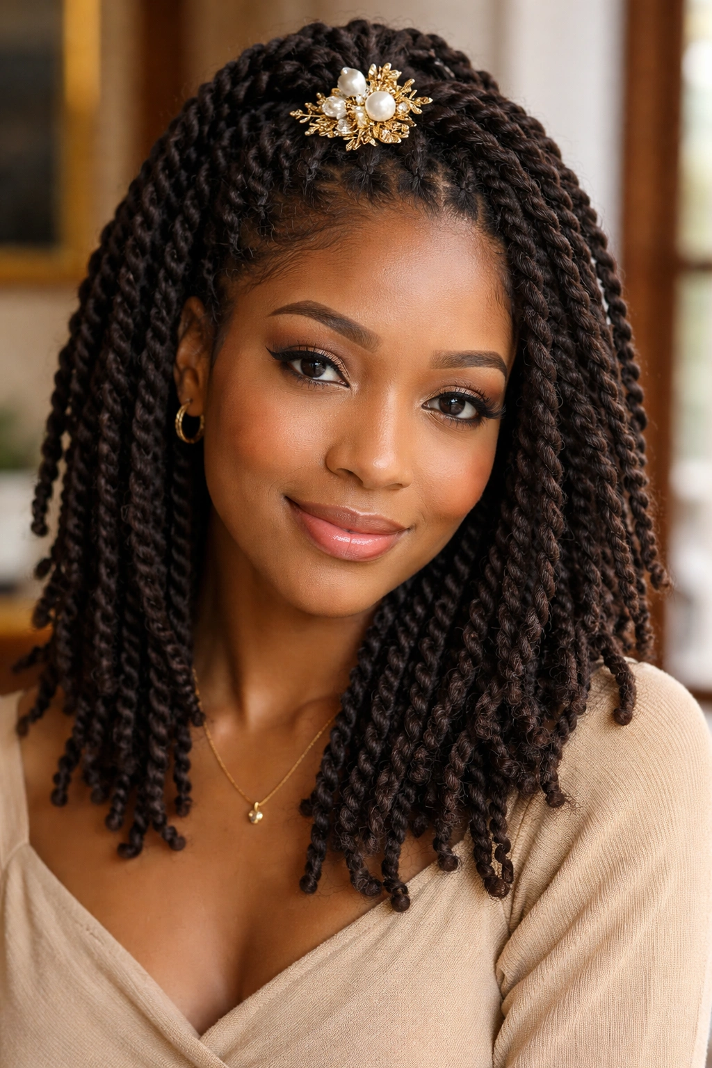 Portrait of a real person with twists and a decorative pin accent.