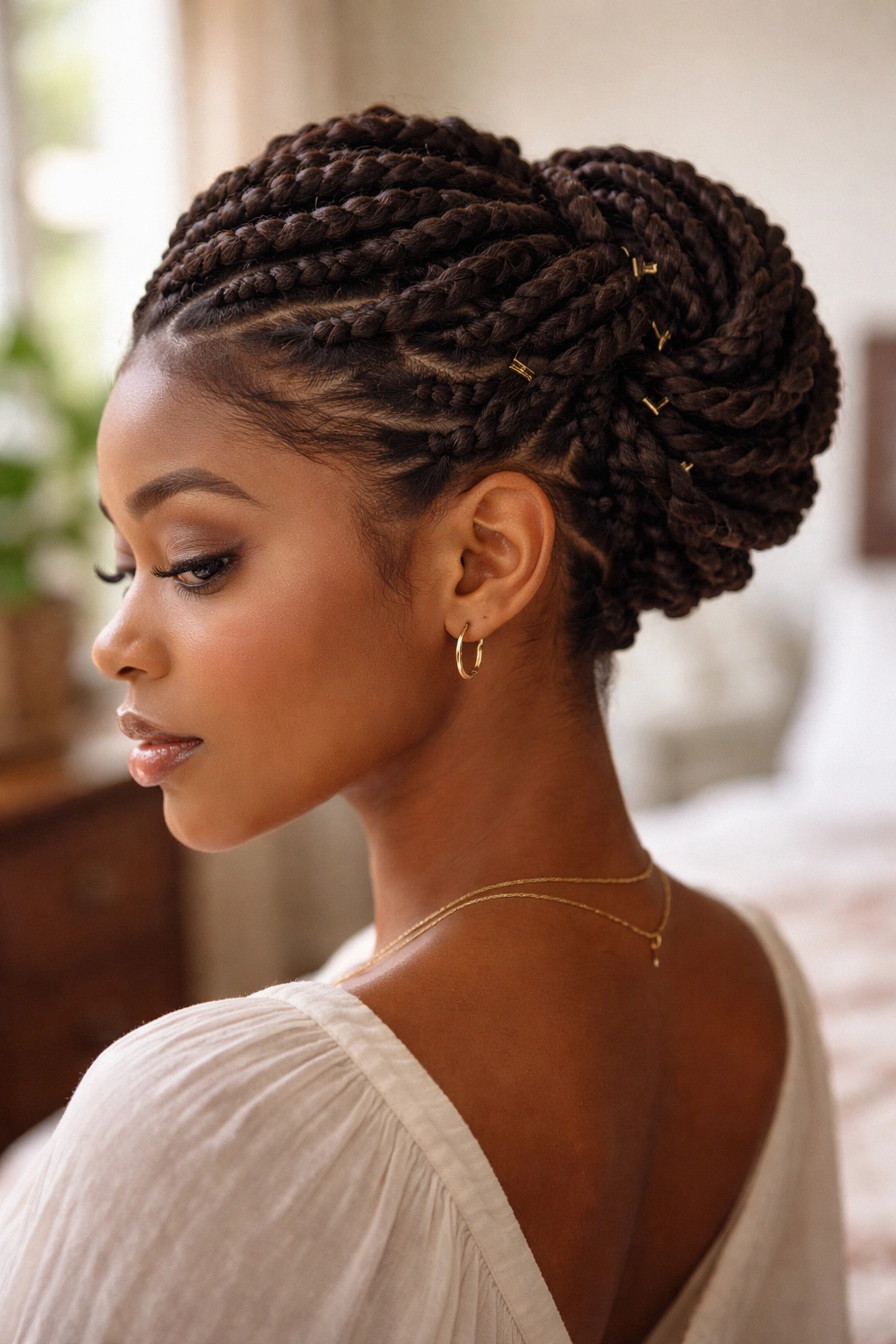 Close-up of a real person with twist-and-pin hairstyle.