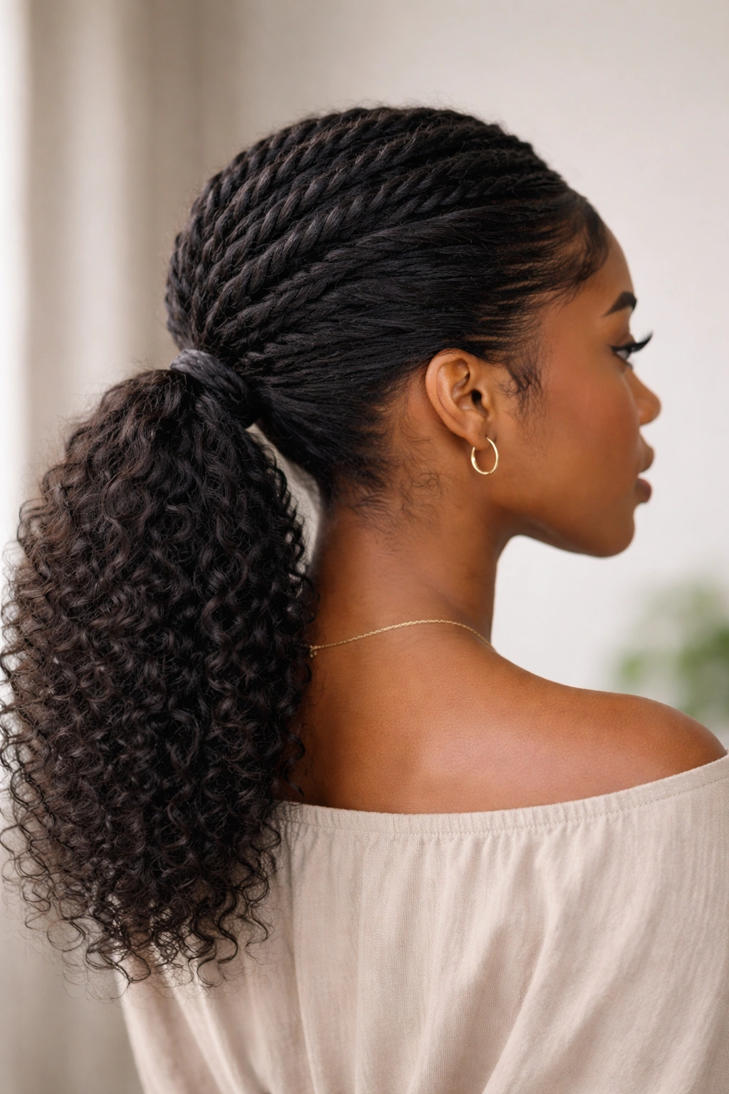 Three-quarter rear view of Twist-Back Crown Into a Low Ponytail showing crown lift