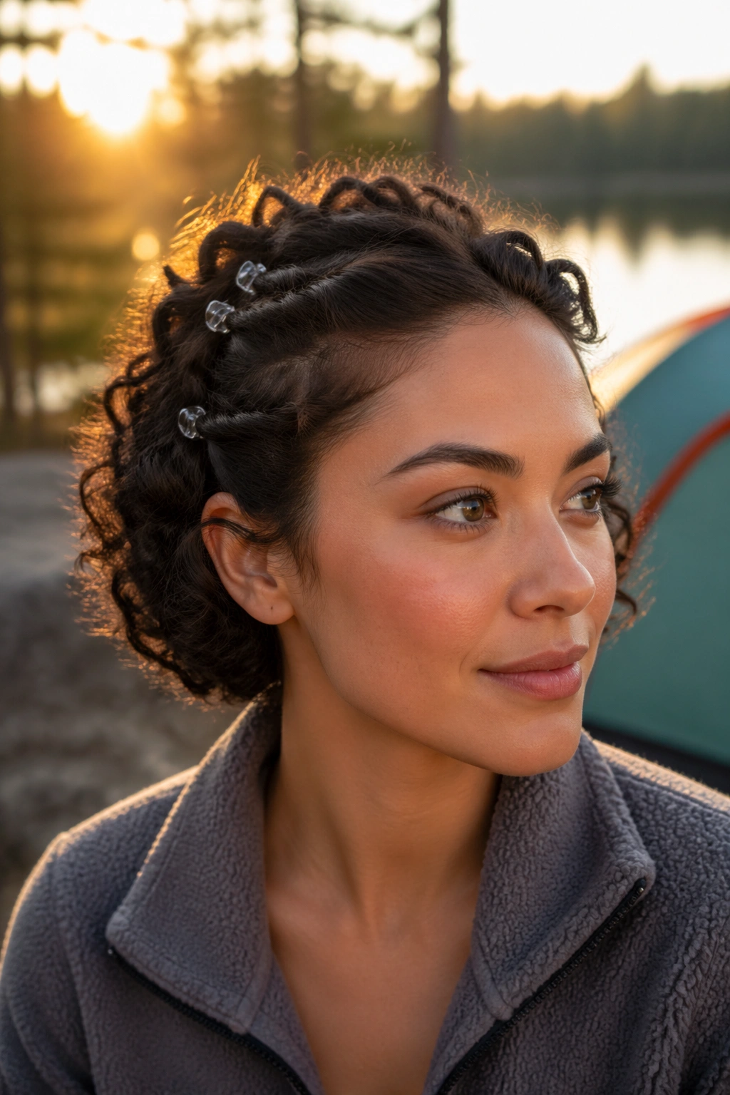 Portrait of a real person with clipped twist-back short curls at a campsite.