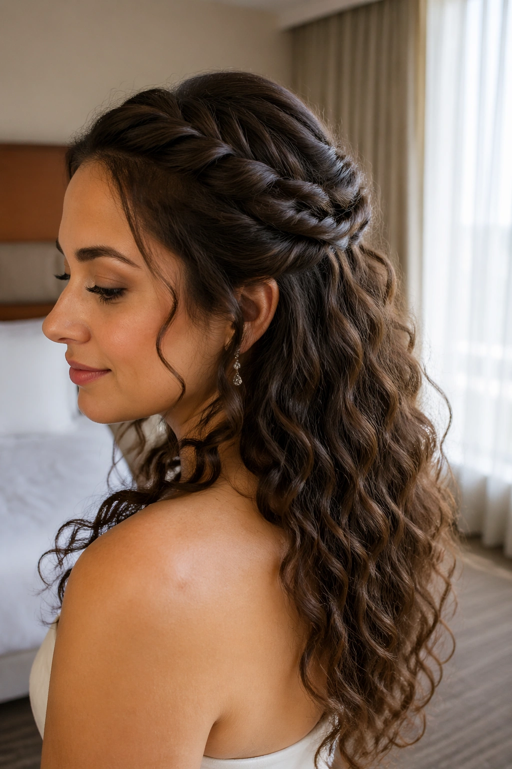 Portrait of a woman with twist-back half-up hairstyle and loose curls