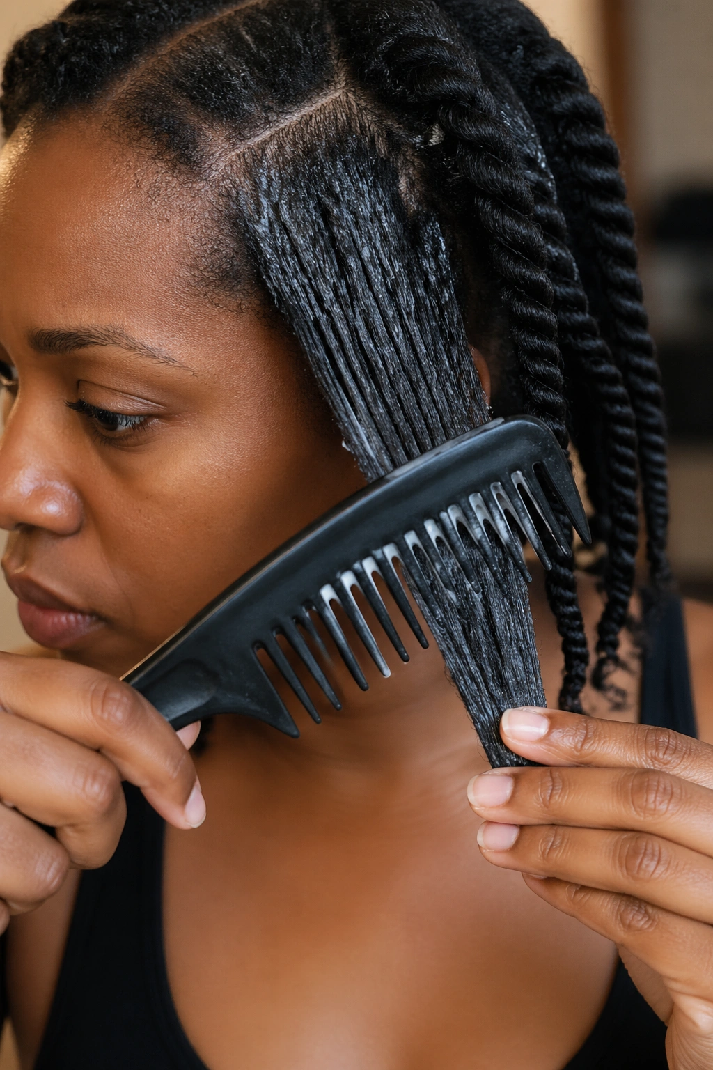 Close-up of a real person with two-strand twists prepped with a wide-tooth comb