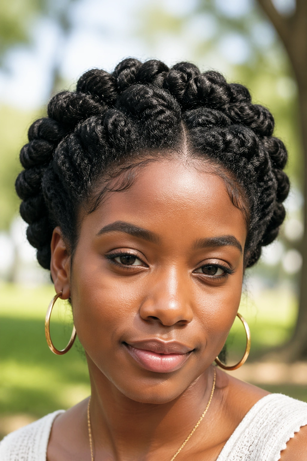 Close-up of a real person wearing a twist crown halo hairstyle in an outdoor park setting.