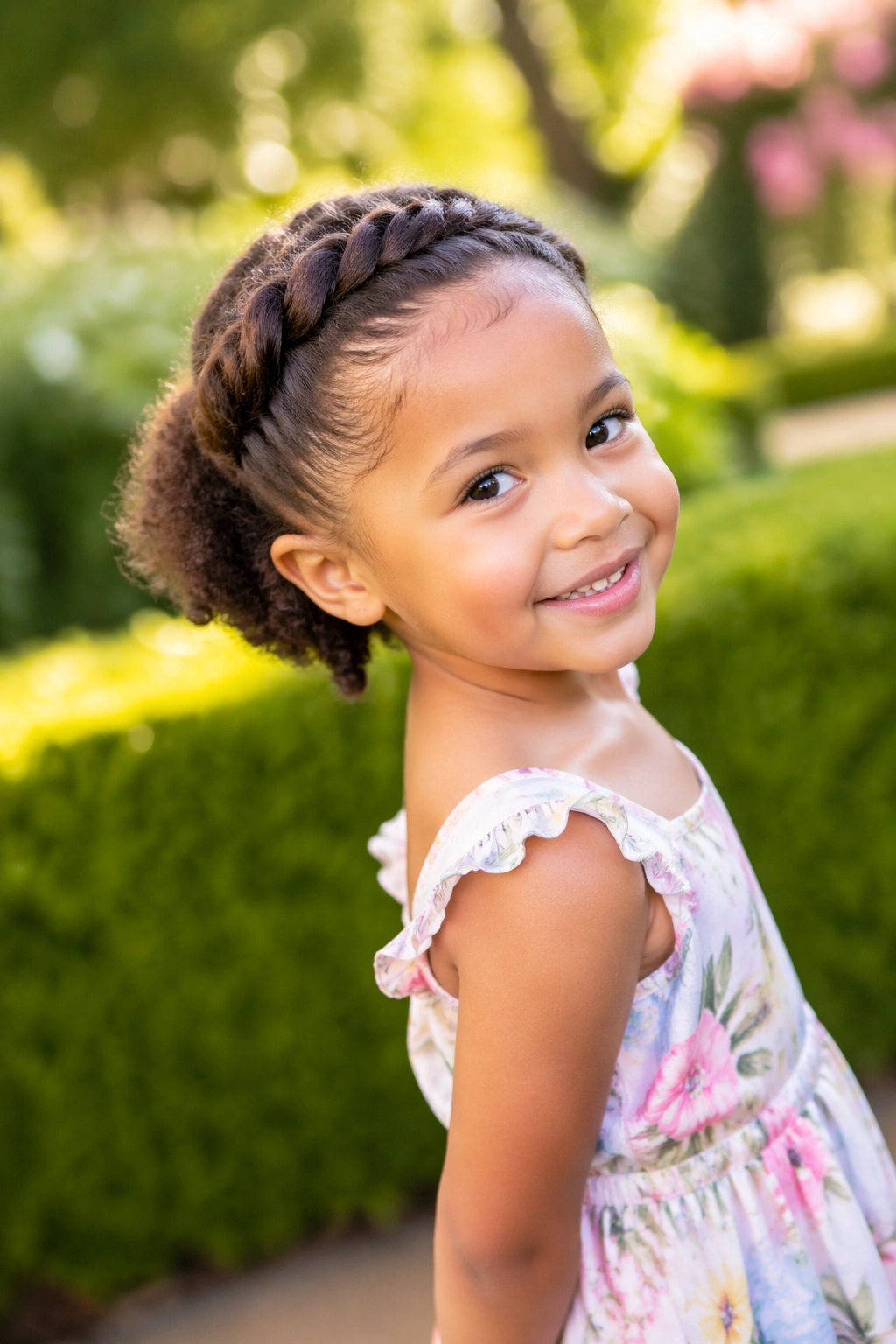 Outdoor hero shot of girl with twist-and-clip mini crown in garden.