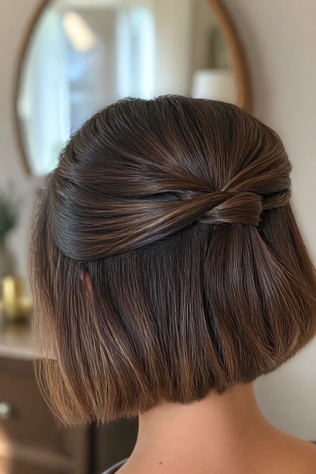 Close-up crown twist on short bob.