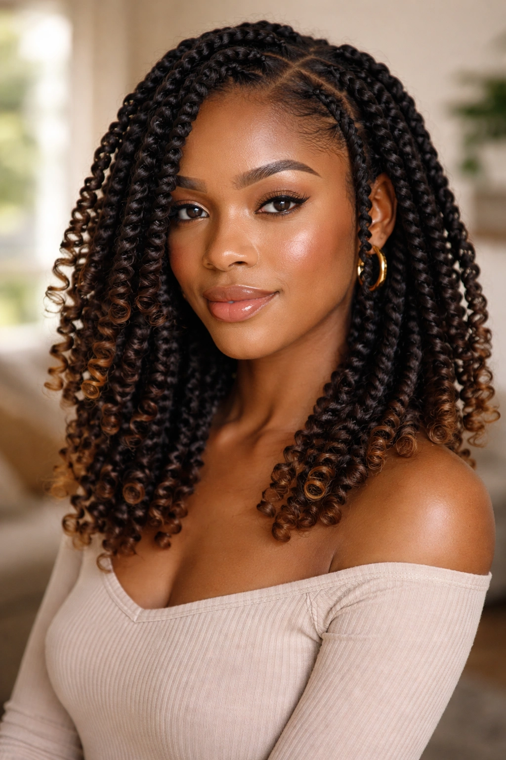 Medium close-up of twist-root to curl-end hairstyle on a real person.