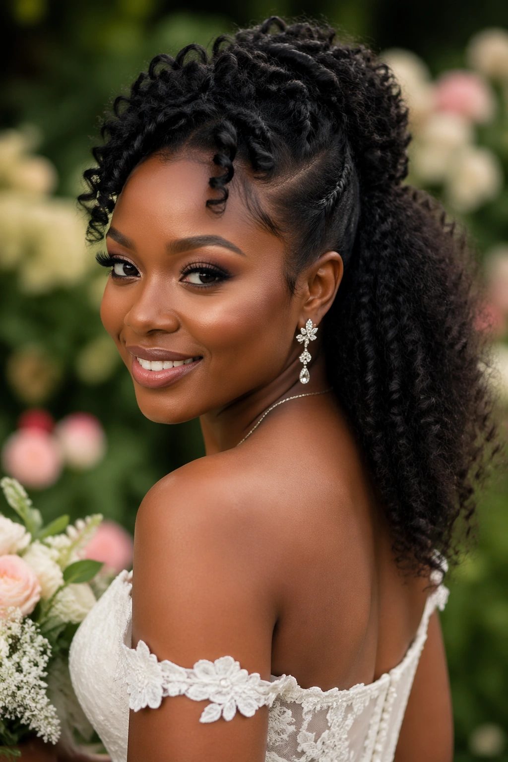 Close-up of a real bride with Twist and Curl Half-Updo in a garden.