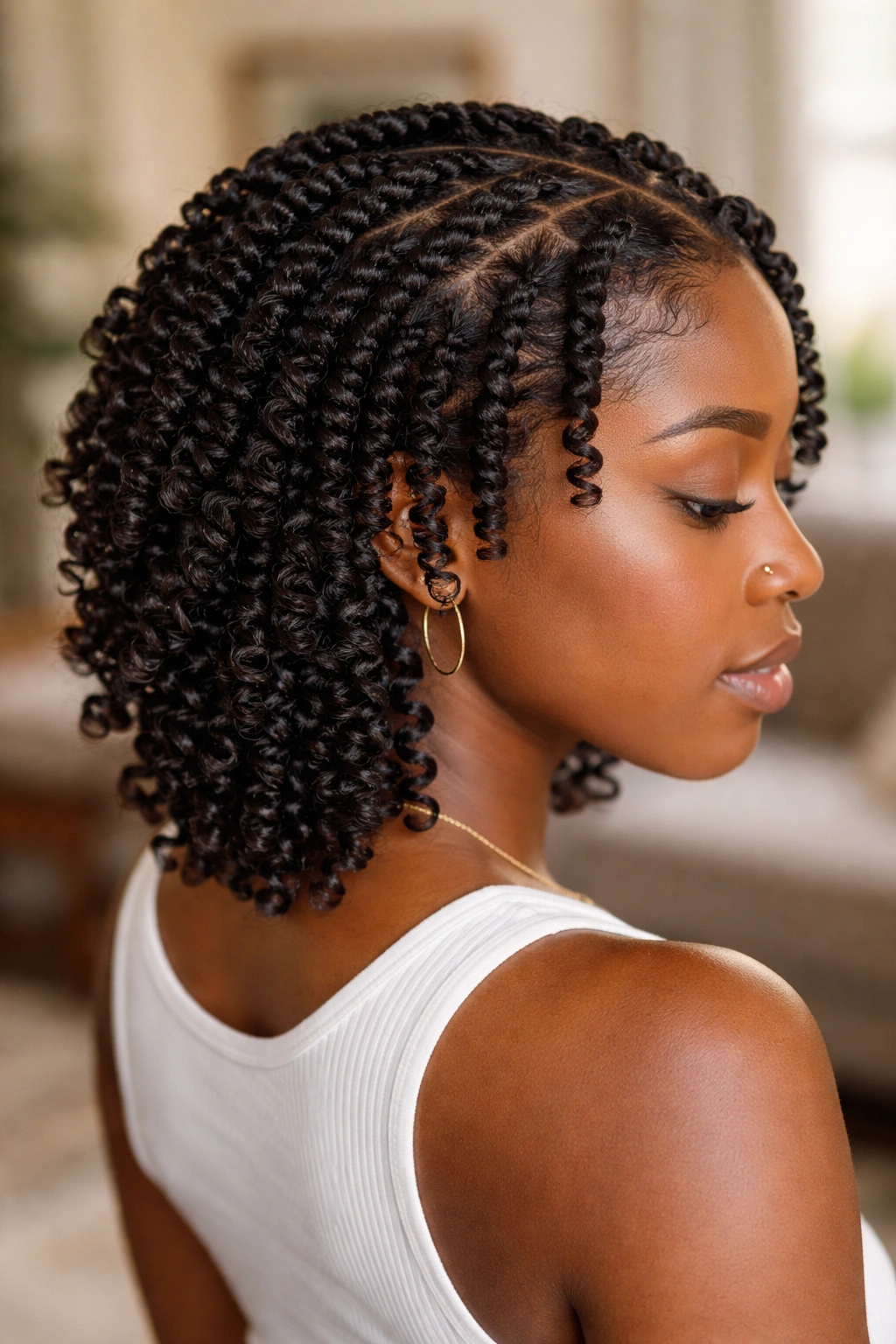 Portrait of a real person with two-strand twists and finger curls.