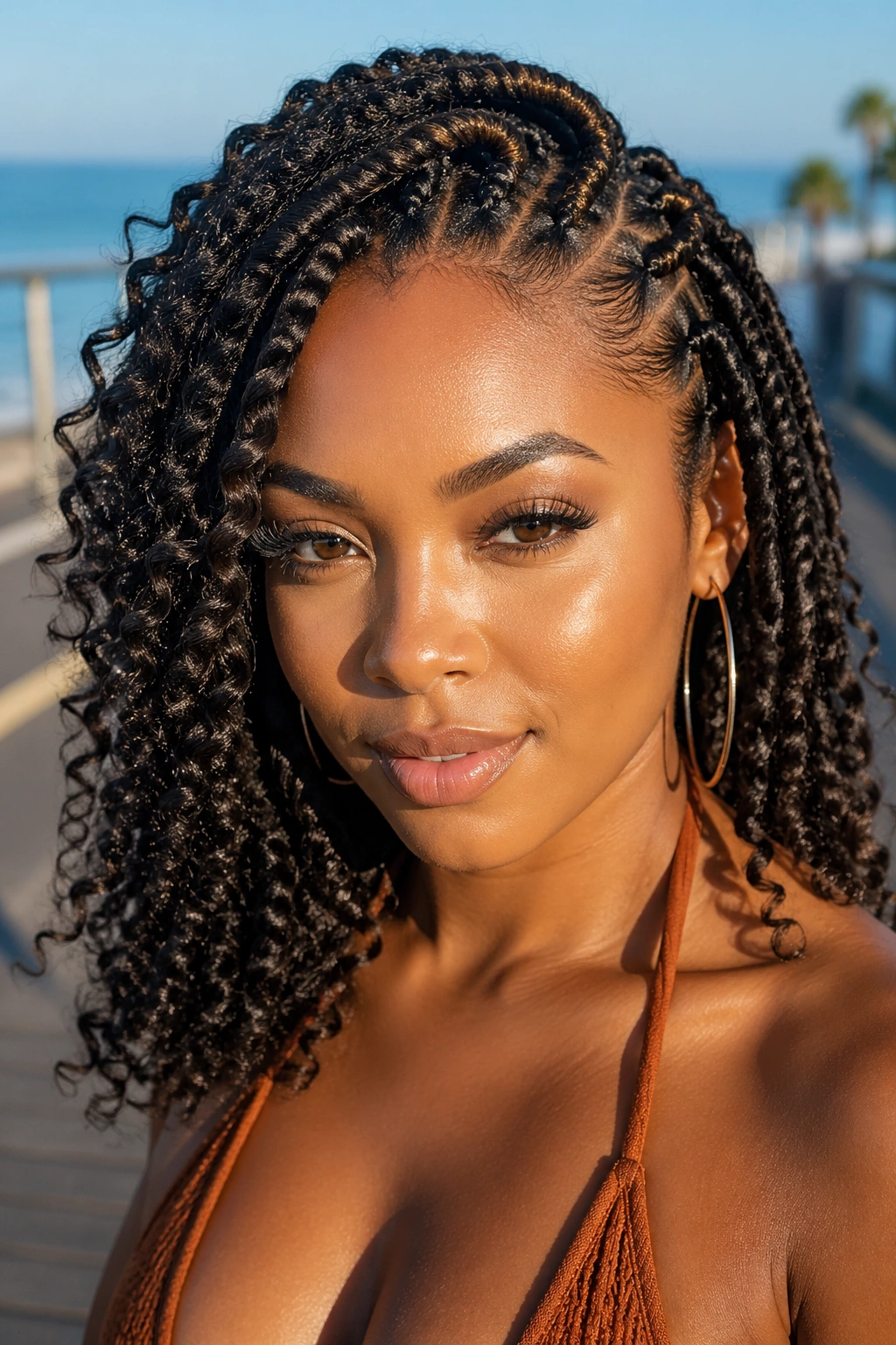 Close-up of real woman with twist and curl vacation hairstyle in sunny outdoor setting