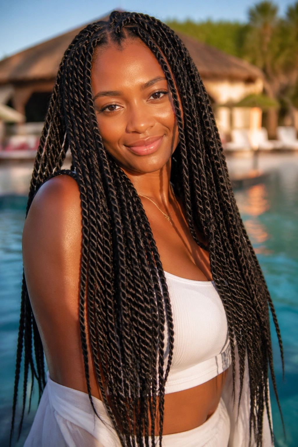 Close-up of a real person with two-strand twists using extensions, long length