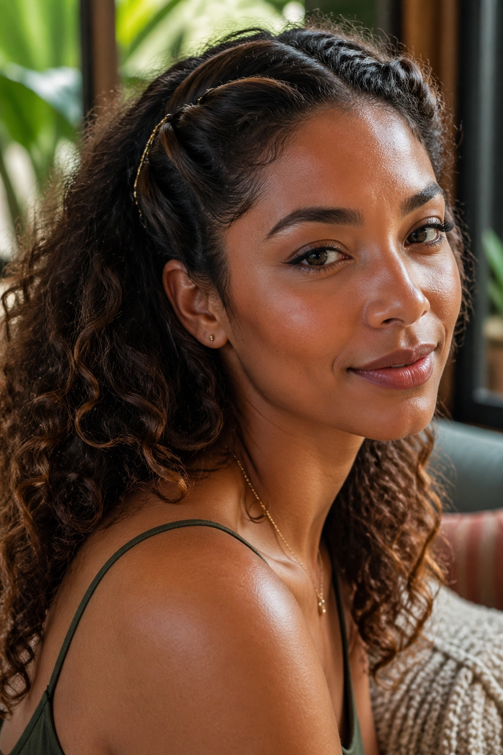 Close-up of real woman with front twists and free flowing hair