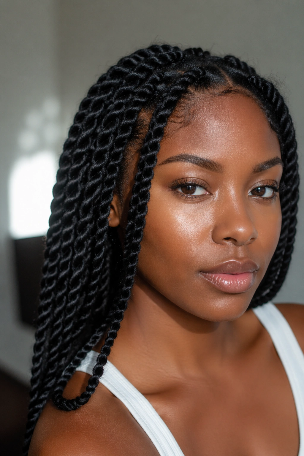 Close-up of a real woman with a single twist hairstyle in natural light