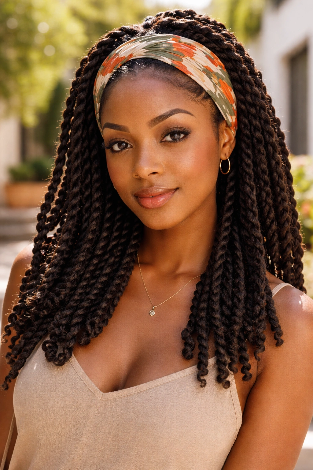 Close-up of a woman with twists and a fabric headband in natural light