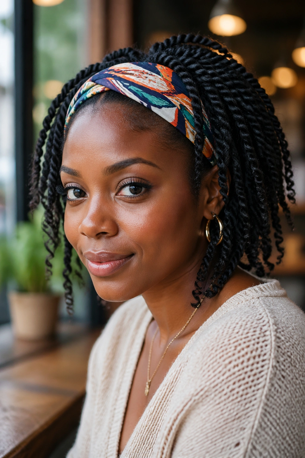 Portrait of a woman with twists and a patterned headband scarf