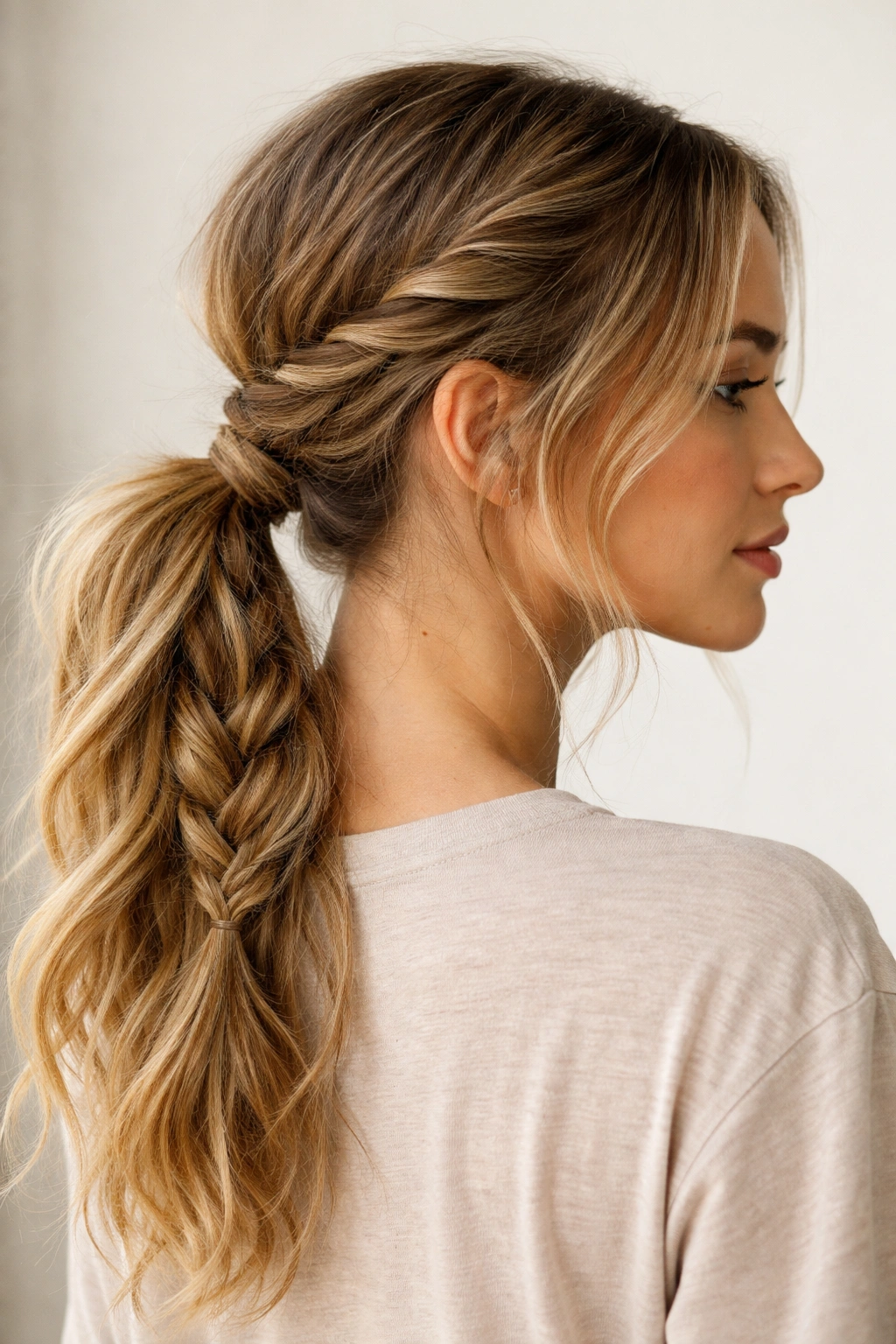 Close-up of twist-into-braid ponytail with front twists framing the face and a braided tail