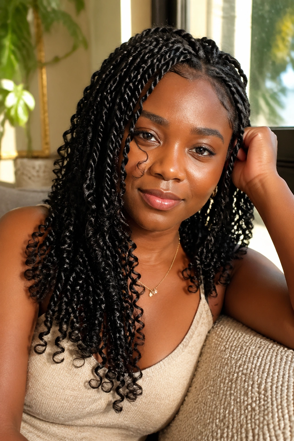 Portrait of a woman with twists and curls showing wear duration.