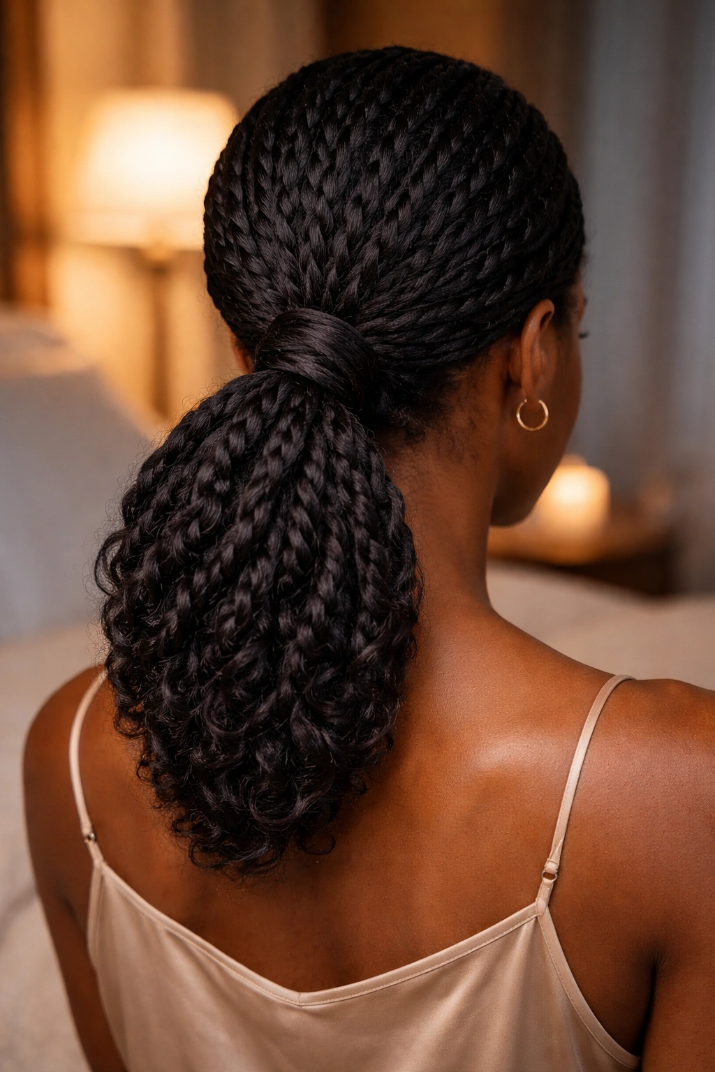 Back view of a night ready twist low ponytail with securely wrapped base.