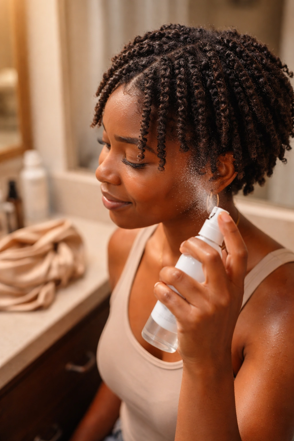 Real person maintaining twists with mist in a bathroom