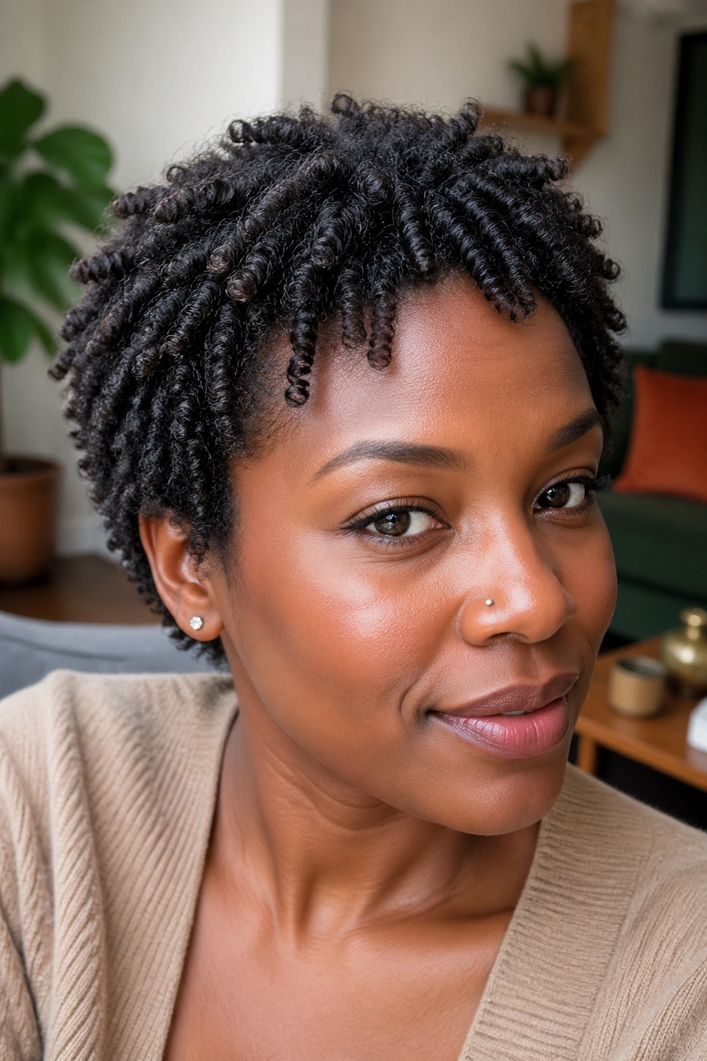Close-up of a real person with twist-out waves on short hair