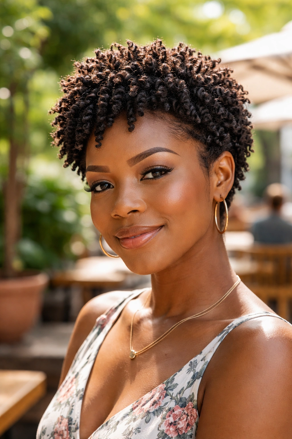 Close-up portrait of a real woman with a twist-out afro on short natural hair