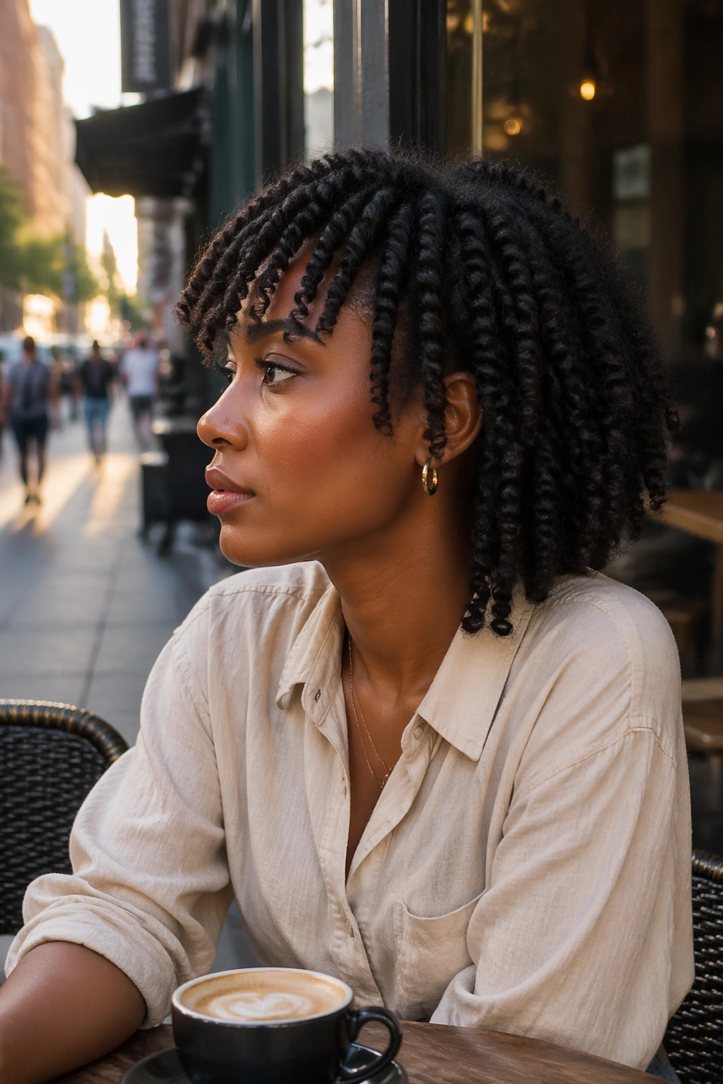 Layered twist-out bangs side profile