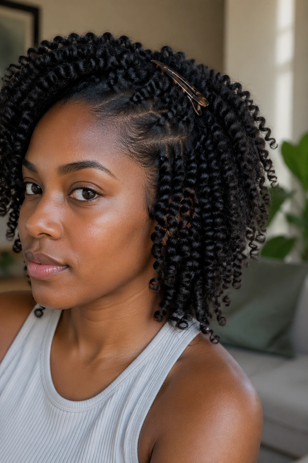 Real woman with twist-out hairstyle styled with barrettes