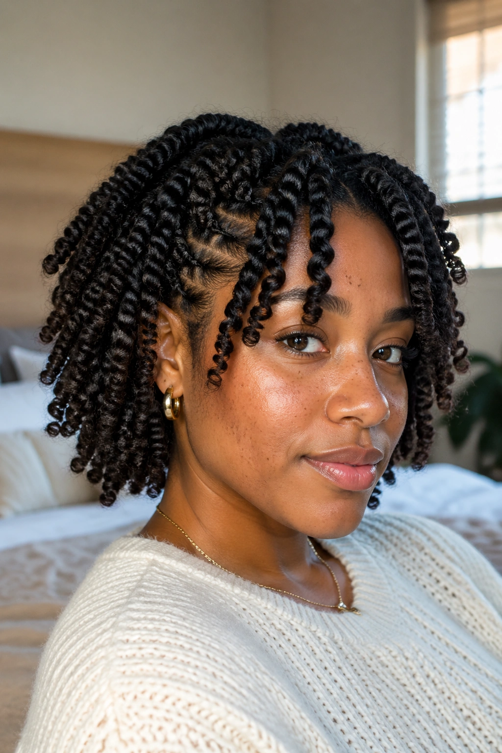 Portrait of a real person with twist-out base hairstyle