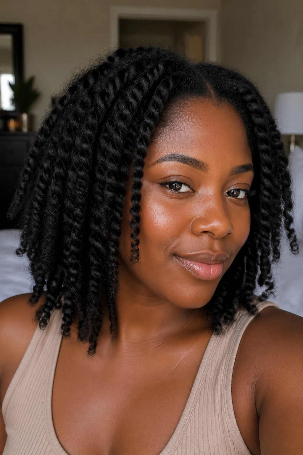Close-up of a real woman with blowout twist-out featuring defined twists and glossy texture.