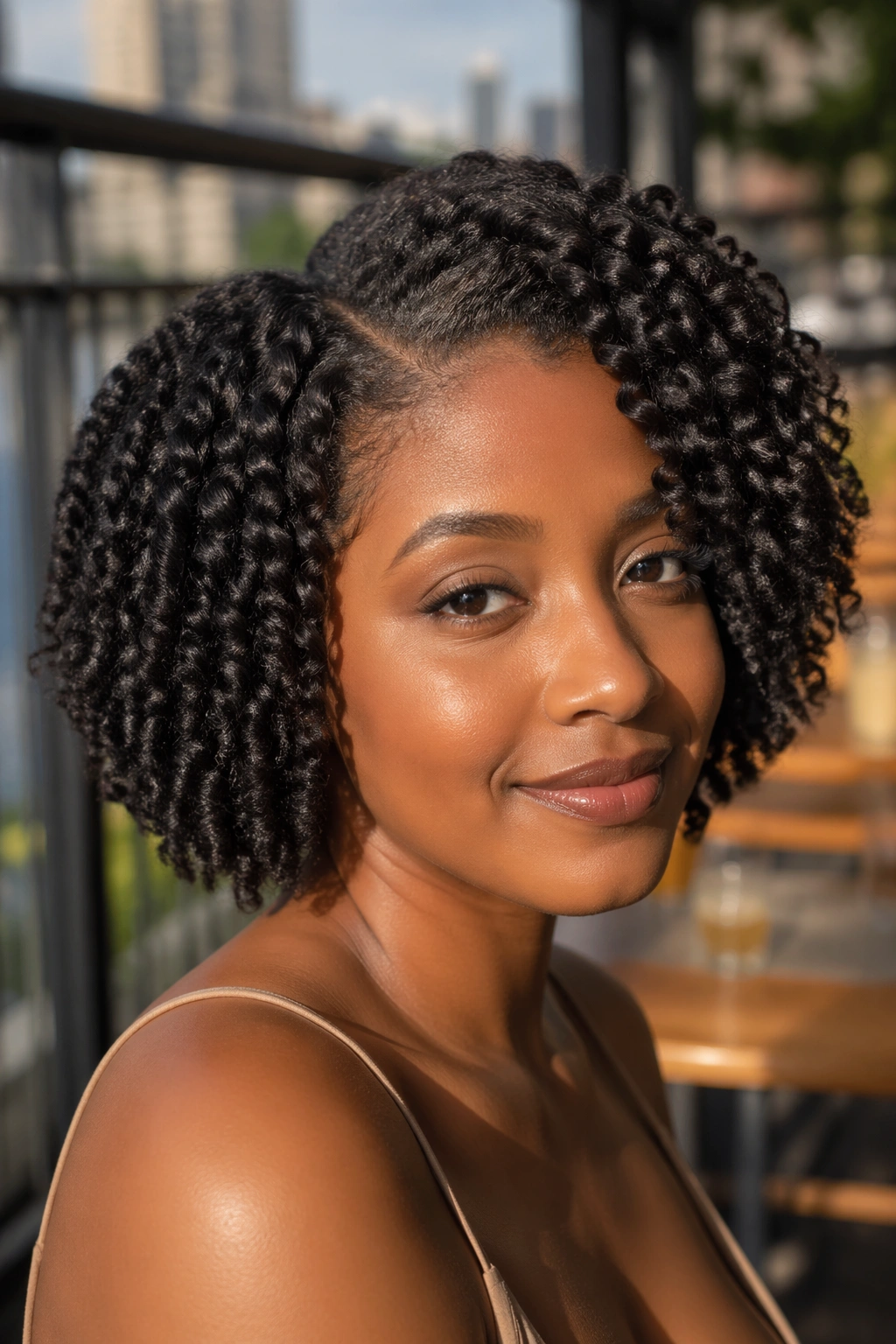Close-up portrait of a Black woman with twist-out bob at jaw length in soft outdoor lighting