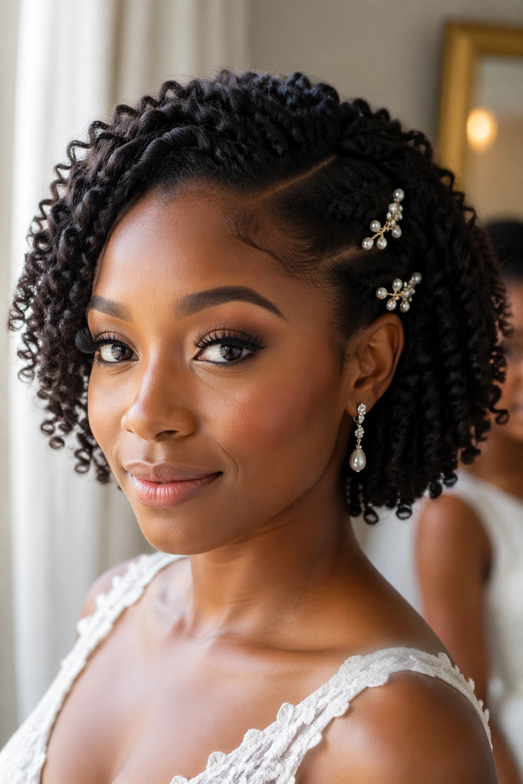 Bride with twist-out bob and jewelry pins.