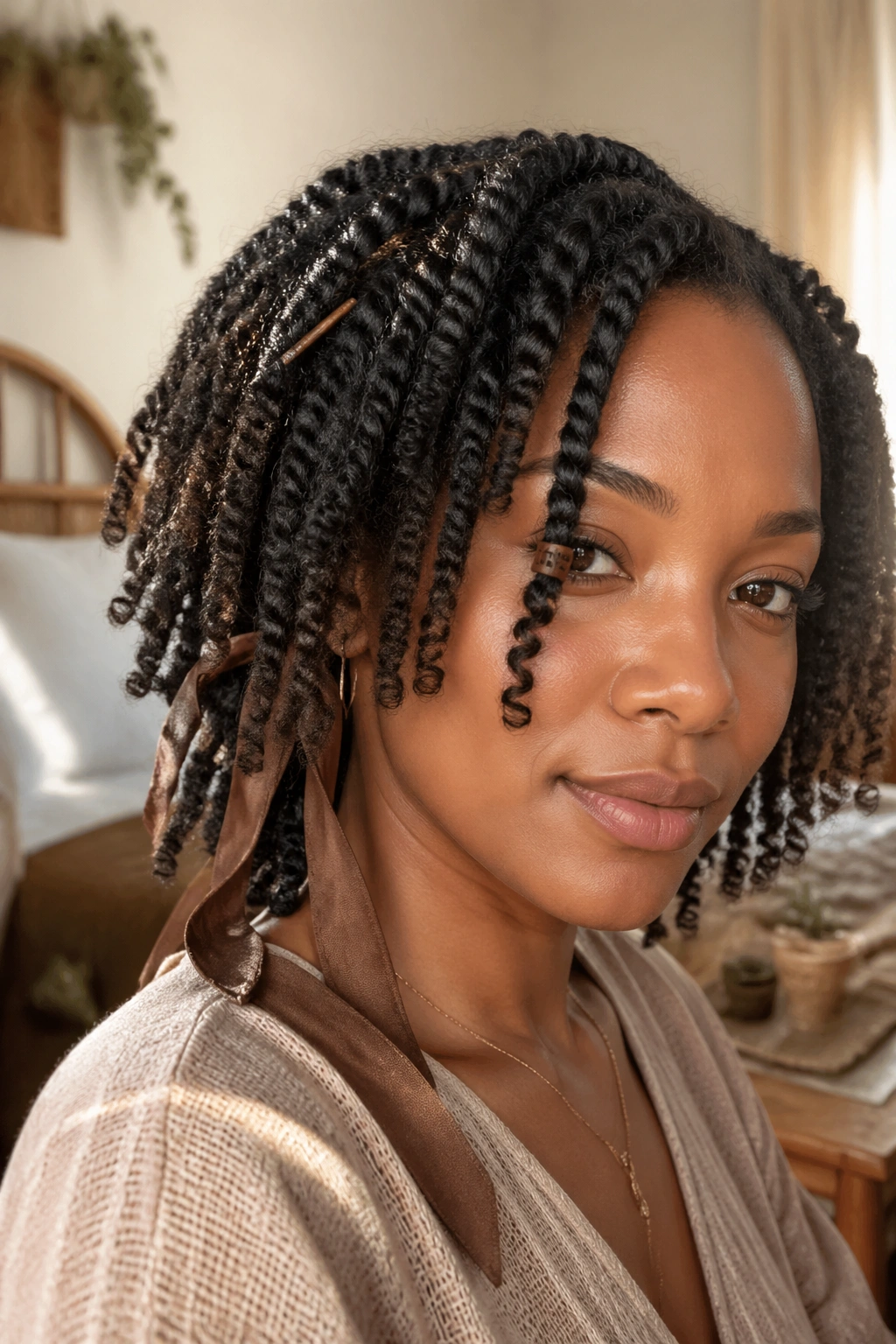 Close-up of a real woman with a softly defined twist-out and muted earthy accessories in a sunlit boho bedroom.