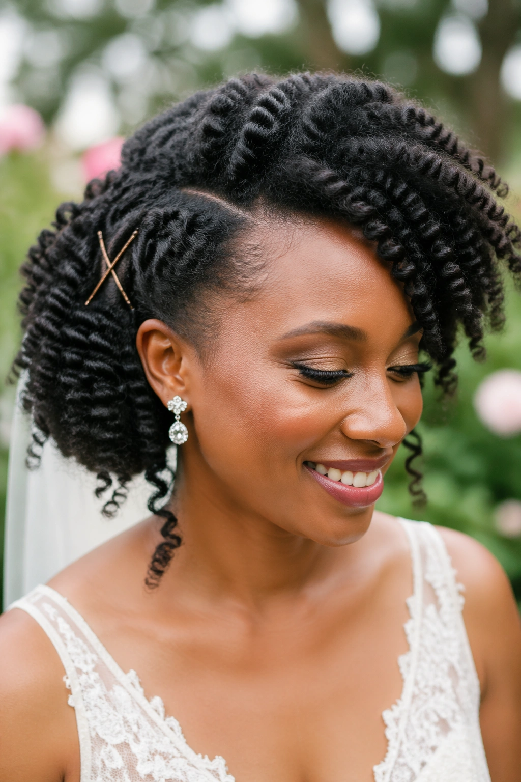 Close-up of a real bride with a side-swept twist-out hairstyle