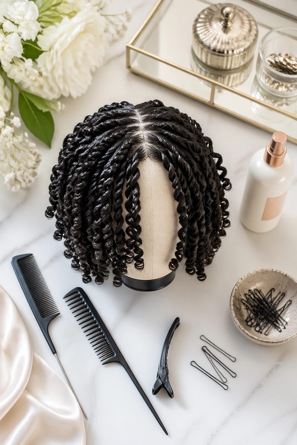 Overhead view of two-strand twist-out with bridal gloss