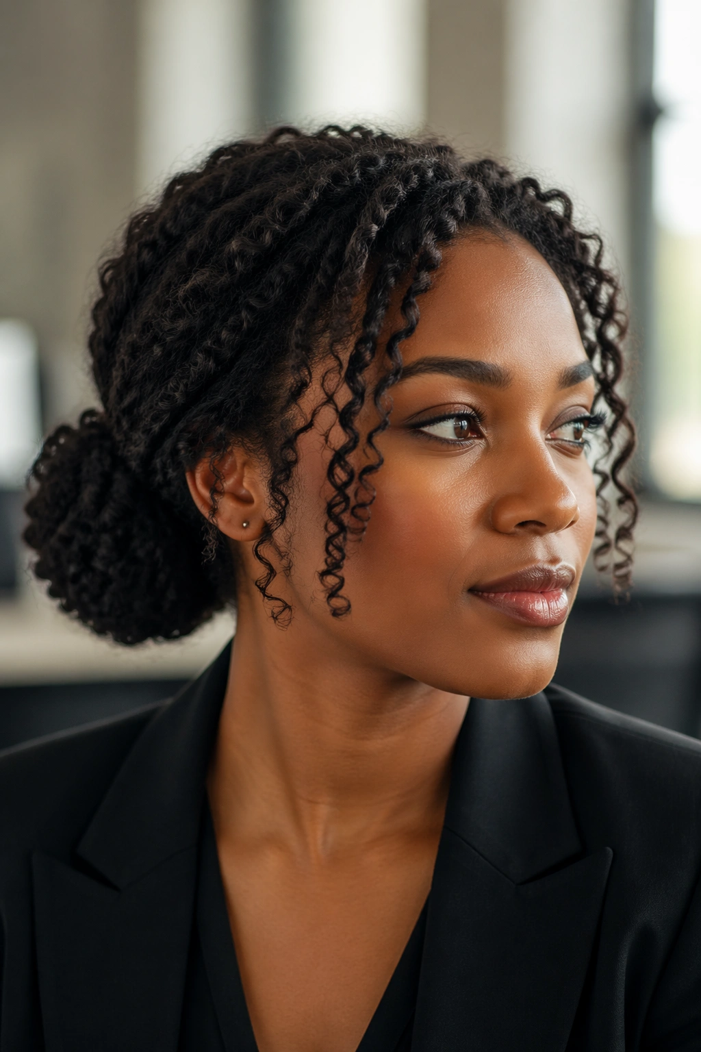 Close-up portrait of a real woman with twist out bun and face-framing tendrils in a professional office setting