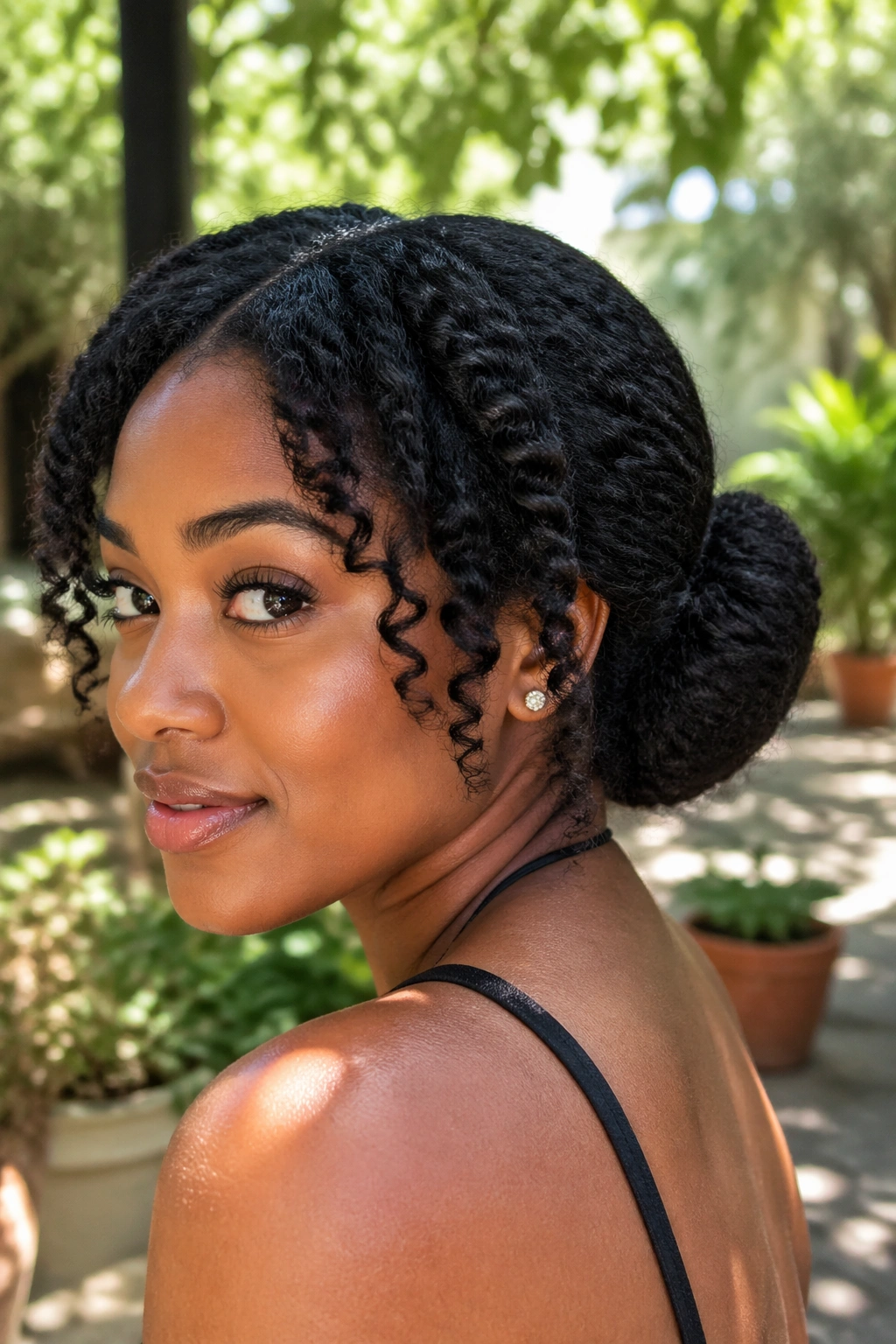 Close-up of real woman with twist-out texture in a low bun