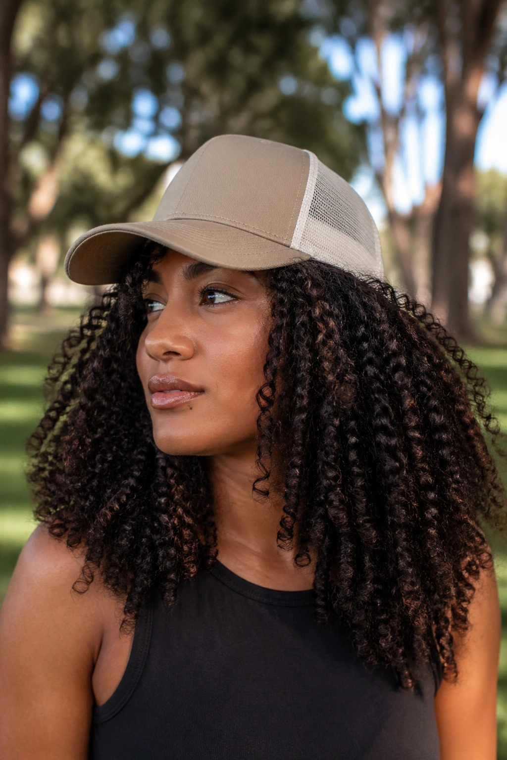 Close-up portrait of a real person wearing a trucker cap with voluminous twist-out curls flowing down.