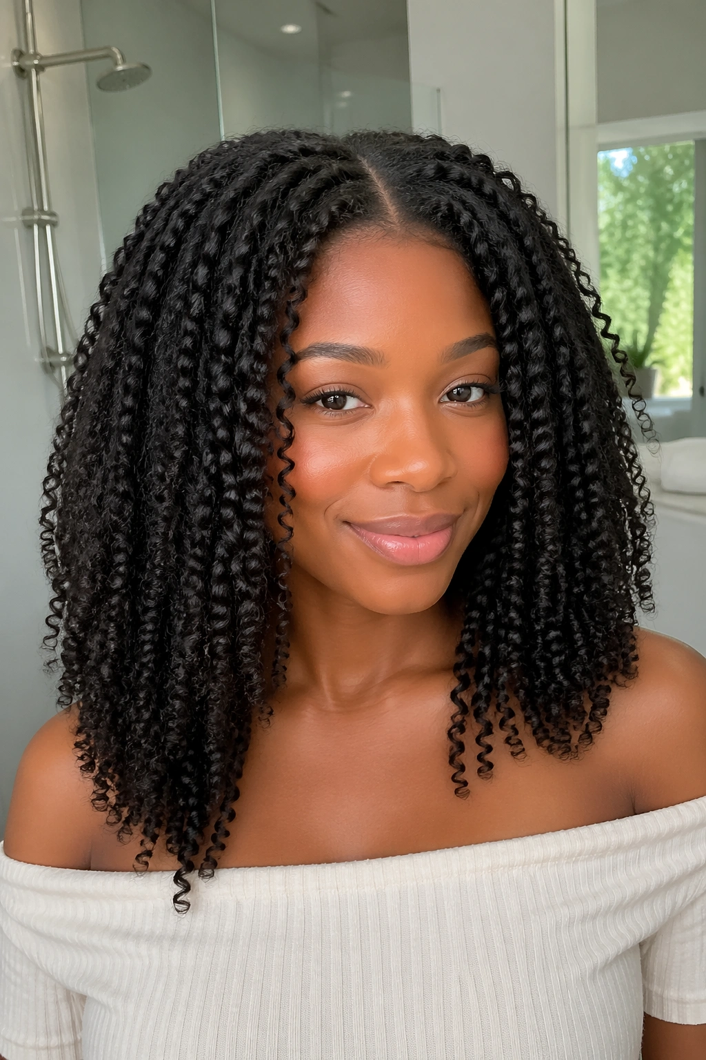 Close-up of a woman with stretched twist-out and center part near off-the-shoulder neckline.