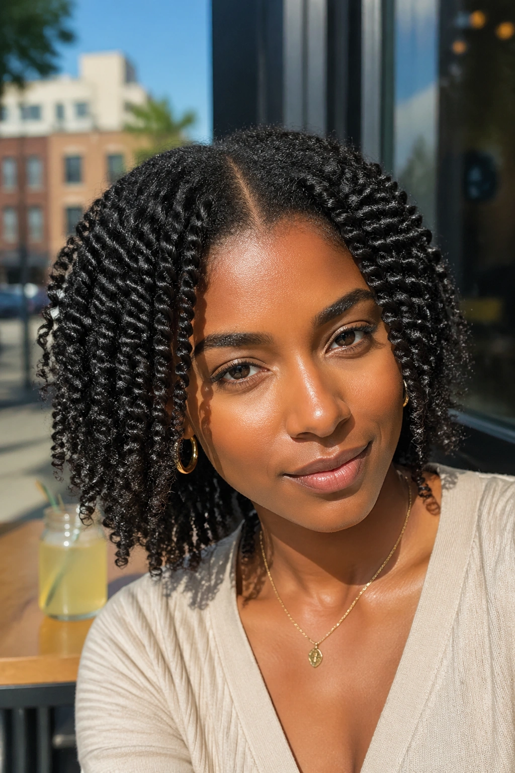Close-up of a real woman with a twist-out and sharp center part