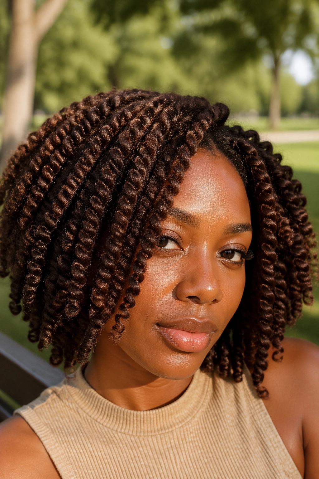 Close-up of a real woman with chocolate brown twist-out curls outdoors