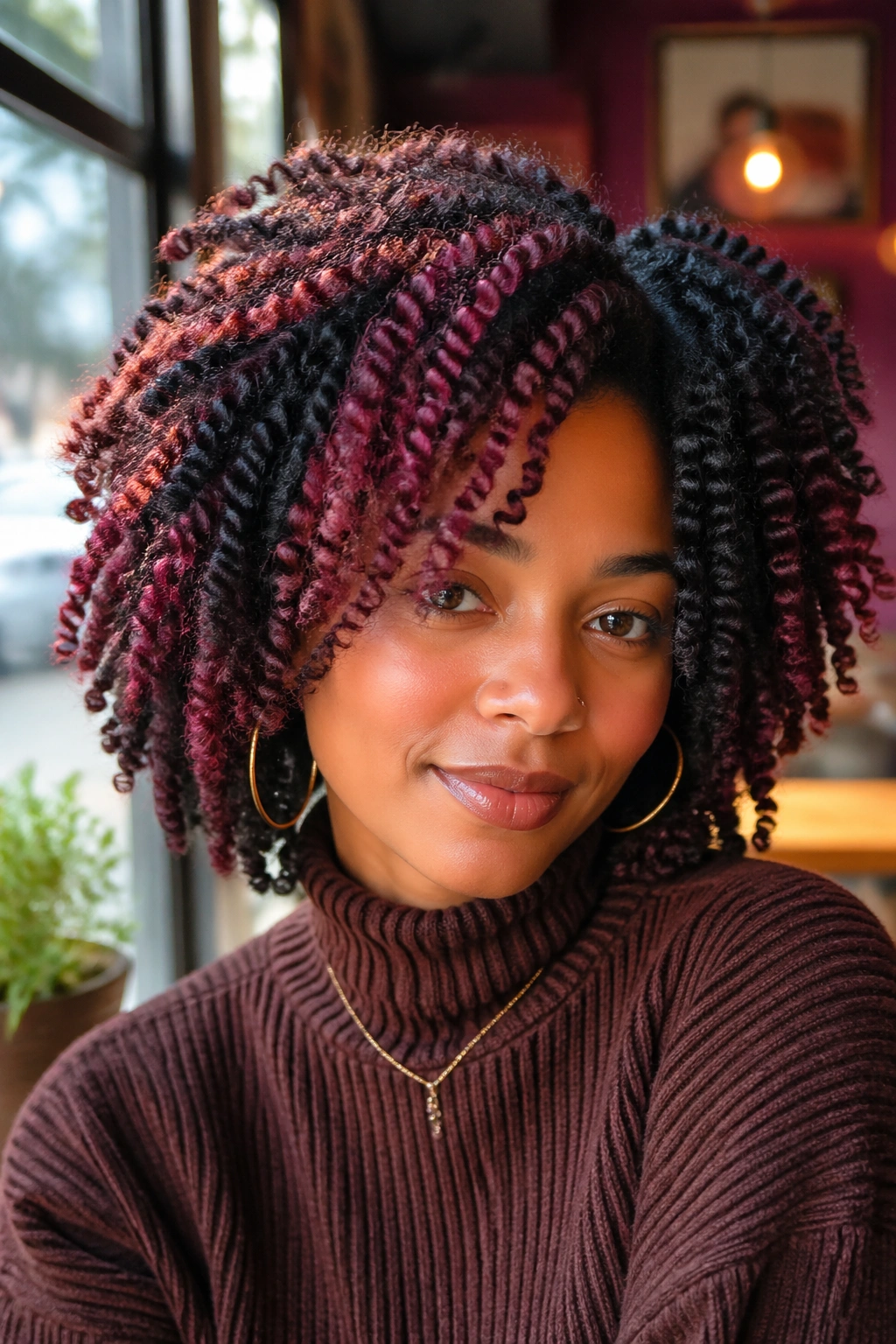 Close-up of a real woman with a two-toned twist-out showing color variation.